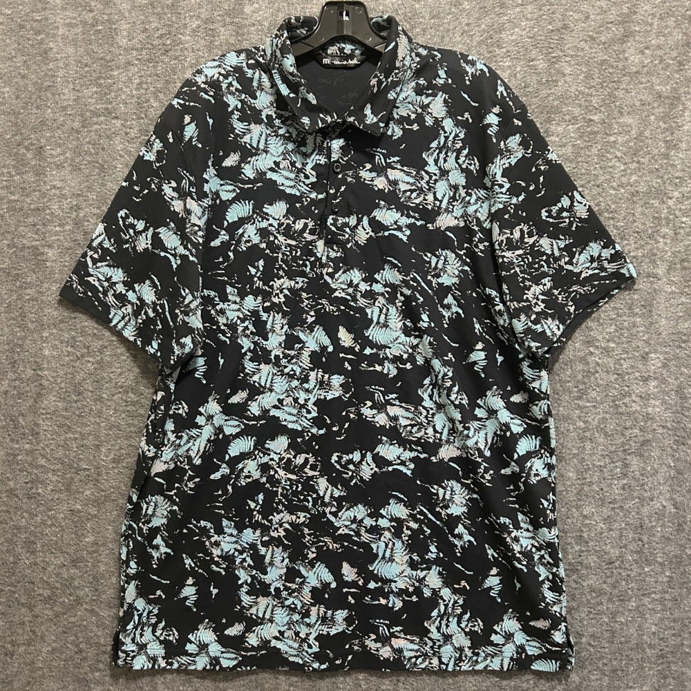 Travis Mathew Polo Shirt Mens XXL Black Blue Pima Leaf Tropical Golf Performance